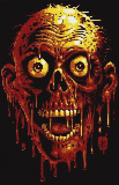 Ilustración hecha con cuentas, de un rostro humano sin piel con expresión sorprendida, en colores rojos y amarillos con un fondo negro