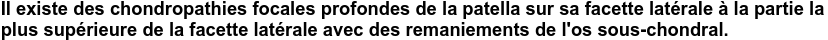 Il existe des chondropathies focales profondes de la patella sur sa facette latérale à la partie la plus supérieure de la facette latérale avec des remaniements de l'os sous-chondral.