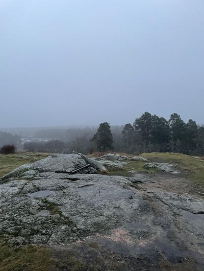 Linnavuoren laki. Kalliota ja havupuita. Sumua.