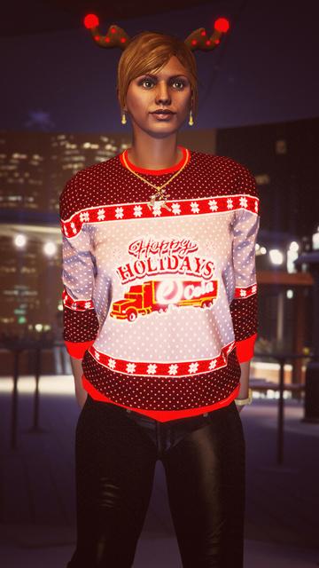 A screenshot I took in the video game GTA Online using the Rockstar Editor. It shows my second character (female) wearing the festive annual Christmas outfit with some decorative Christmas lights in the background.