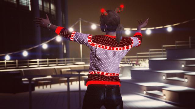 A screenshot I took in the video game GTA Online using the Rockstar Editor. It shows my second character (female) wearing the festive annual Christmas outfit with some decorative Christmas lights in the background.