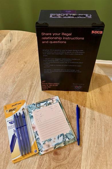 Photo of a collection box for thoughts and questions for the Relationship Geeks Assembly. It's a black metal box with a slot at the top and usage instructions at the side.