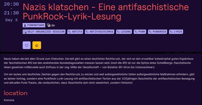 Ein Screenshot des Fahrplans für den 38c3 mit der Veranstaltung "Nazis klatschen - Eine antifaschistische Punkrock-Lyrik-Lesung" am 29.12. um 20.30 Uhr im Komona. Link: https://events.ccc.de/congress/2024/hub/en/event/nazis-klatschen-eine-antifaschistische-punkrock-ly/