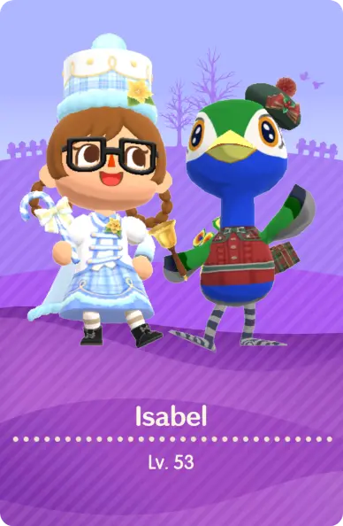 The front of an Animal Crossing: Pocket Camp Complete camper card. My camper is a girl with brown hair and eyes wearing the Icicle Parade set and striped socks. She's accompanied by my camp caretaker Julia, an ostritch who imo is definitely meant to be a teans peahen. She is dressed similarly festively. The card reads "Isabel - Lv. 53"
