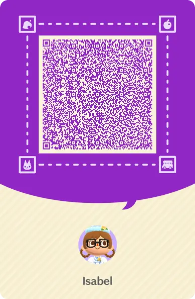 The back of an Animal Crossing: Pocket Camp Complete camper card. The large QR code in the top of the image can either be scanned or the image saved and imported to add my camper and caretaker to Whistle Pass in the game. The lower half includes a thumbnail image of my camper and reads, "Isabel"
