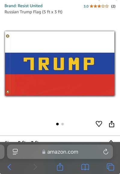 The listing for a Russian flag with Trump printed on it sold on Amazon.
It’s really funny because the T is only the left half of a capital T, and maybe this is what a T looks like in Russian, but the rest of the letters are from the American alphabet so I’m not real sure what they were going for here (unless they were thinking this could avoid a copyright claim idk lol)