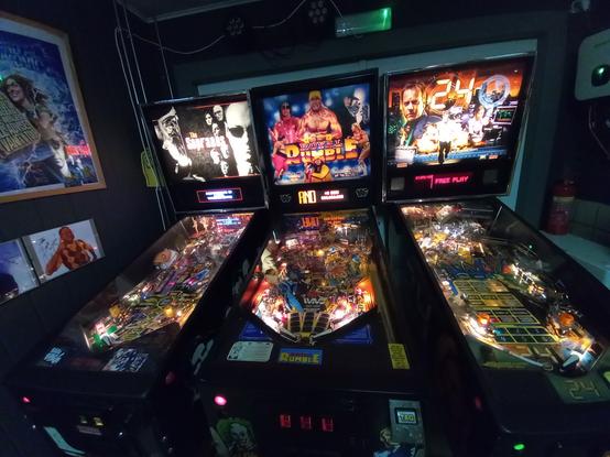 3 pinball games switched on in attract mode.   Sopranos, Royal Rumble and 24.