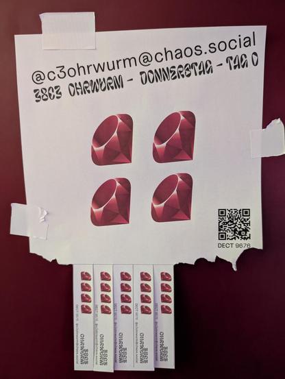 Sheet referring to @c3ohrwurm@chaos.social with the Ruby logo and a link to the song Ruby from Kaiserchiefs