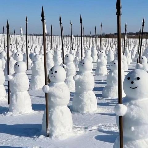 An army of snowmen holding spears on a flat snowy landscape.