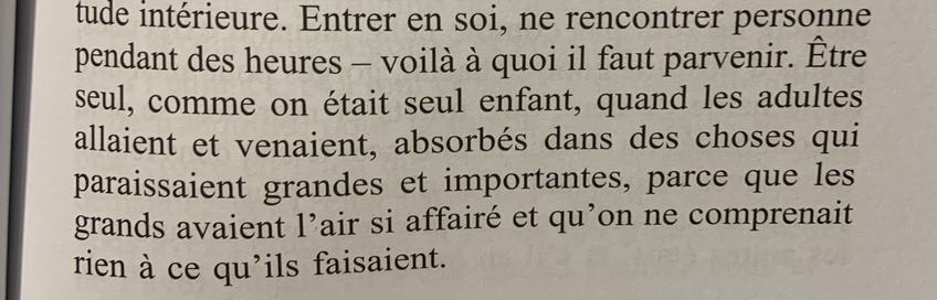 “Entrer en soi, ne rencontrer, des heures durant, personne – voilà à quoi il faut parvenir. Être seul, comme on était seul enfant, quand les adultes allaient et venaient, absorbés dans des choses qui paraissaient grandes et importantes parce que les grands avaient l'air si affairé et qu'on ne comprenait rien à ce qu'ils faisaient.“  ( merci à RealCy)