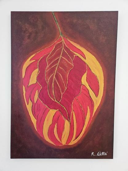 Ein Acrylgrmälde eines Blattes in Rot- und Gelbtönen.
