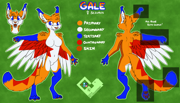 digital art of a sciurus, which is a felid-based creature with feathered wing membrane between their arms and hips. This is a reference for one named Gale, female, with colors of orange, white, red, and blue, the blue parts glow as well.