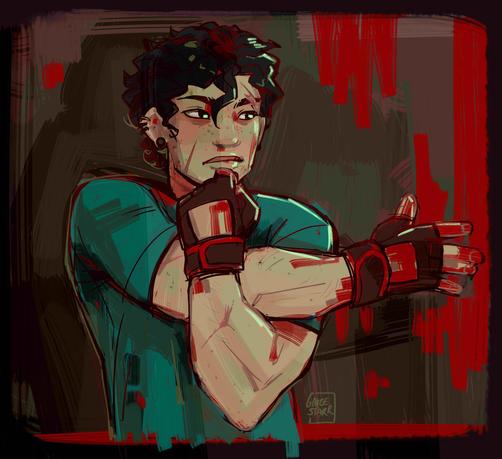 A Chinese-American man with curly black hair and scars on his face wearing a teal shirt and black weight lifting gloves. He is stretching his shoulder with a grim expression on his face. The art is heavily textured with a grey green background and solid red highlights stretching in from the side and up his hands.
