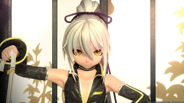 Kagamine Len dancing in the song "Dream-Eating Monochrome Baku". He's wearing the "Punkish" module, a black leather outfit that shows off his chest and shoulders with the "Thorned Rose Alt Hair", a long white ponytail tied back with a purple ribbon. He's holding a cane with a yellow bow and looking down at the viewer.