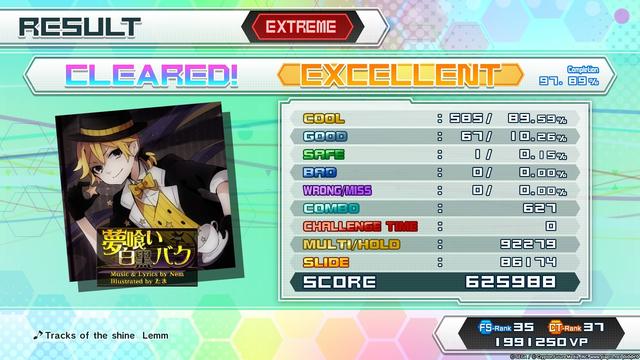 Screenshot of my score playing the song "Dream-Eating Monochrome Baku" on Extreme in Project Diva Future Tone. The score is "Excellent" with a 97.89% completion. There's 585 Cool notes (89.59%), 67 Good notes (10.26%), and one frustrating Safe note (0.15%), meaning I was one note away from getting a full combo.