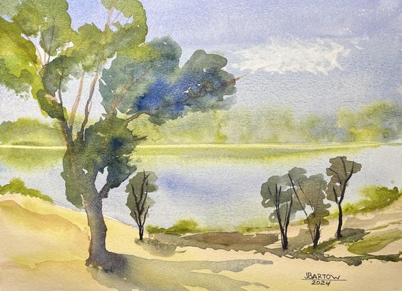 This watercolor shows a tranquil lake. In the background there’s a row of trees. In the foreground, a hill slopes down to the water. A large tree grows on the left and a cluster of smaller trees grows on the right near the water.