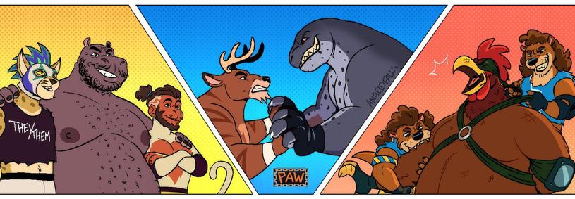 A drawing of a 3 panel banner featuring my Pro Anthro Wrestling OCs. On the left panel: Sergio Ramirez (hippo) with his arms over the shoulders of LYNX (a bobcat) and Jethro (a monkey.) In the center panel: Tyrus Titan (a deer) clashing with Ray Maximus (a leopard seal.) Lastly in the final panel: Herc and Dirk (the otter twins) are biting and pulling the chest harness of Kevin Cluck (a rooster.)

Signed, AngeloFalls