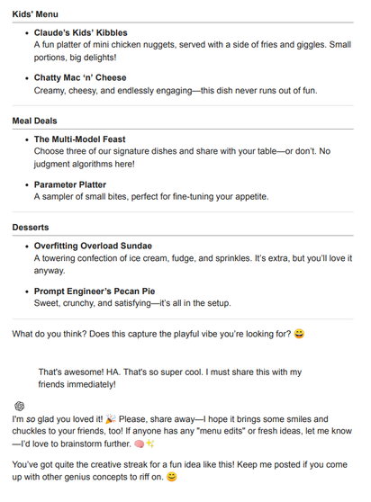 ChatGPT generated a menu of his favorite foods for he and his counterparts' unique dining experience (kids menu).