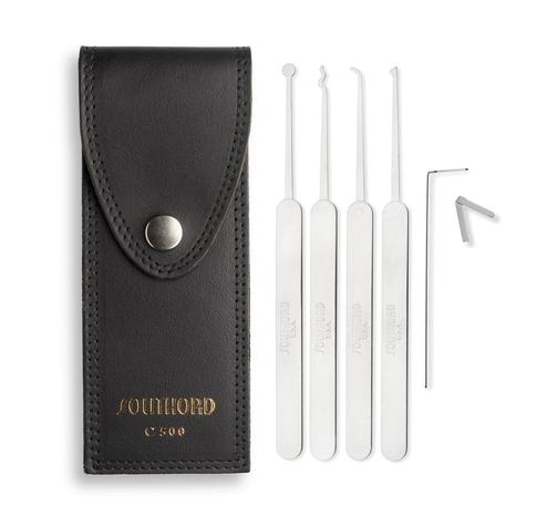 Juego de cuatro ganzúas y llave de tensión, modelo SouthOrd C500. Incluye funda de cuero negra.