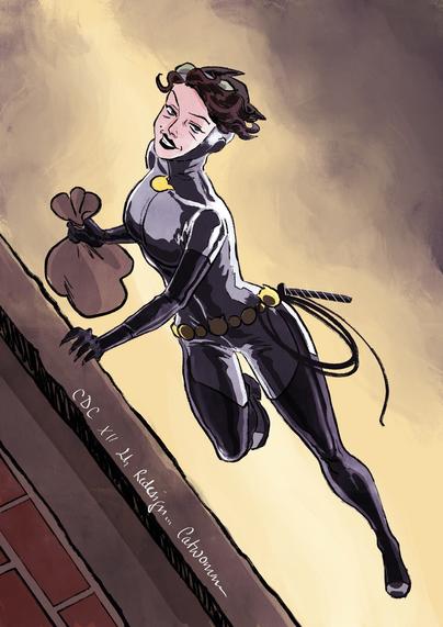Catwoman in a black catsuit, holding a bag. She has short, curled hair and a sly smile, poised as if leaping off a rooftop with a city backdrop.