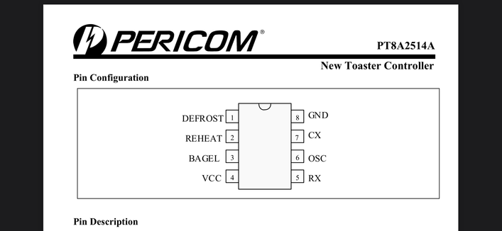 Pt8a2514a toaster controller with a BAGEL input pin.