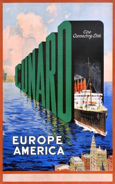 One of Cunard's Ocean liners, probably the Mauritania, is sailing out of big block words that say Cunard.