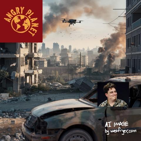 A desolate urban landscape features a partially destroyed building and a drone flying overhead amidst smoke and debris. An "Angry Planet" logo is displayed in the top left corner, and there is a small inset image of a smiling person in the bottom right