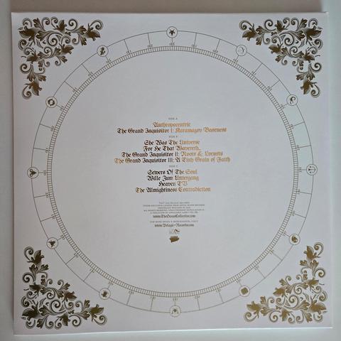 The Ocean's "Anthropocentric" double gatefold LP, back cover: gold foil on white