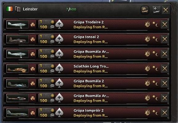 A list of air wings in Hearts of Iron 4, all of which bear Irish names: "Grúpa Trodaire 2" for "Fighter Group 2", "Grúpa Ionsaí 2" for "Attack Group 2" (AKA close air support), "Grúpa Buamála Ar Muir" for "Naval Bomber Group", "Sciathán Long Trodaire" for "Carrier Fighter Wing", "Grúpa Buamála Ard" for "Heavy Bomber Group", and "Grúpa Iompair" for "Transport Group".