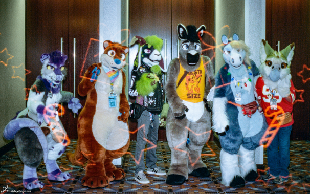 This is a film photograph from MFF 2024 of six different Poe Productions fursuiters. From left to right is an opossum, otter, goat, donkey, pegasus, and kakapo, all posing in front of the doors to the second stage. There are golden-orange presents, stars, and candy canes overlaid on the image from the pre-exposed film.