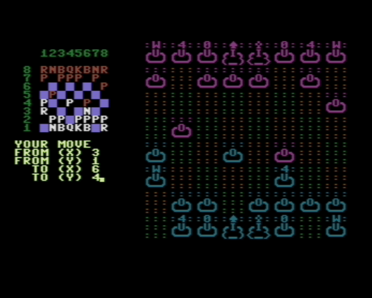 Screenshot of a chess game on the Commodore C16 computer. On the left is a very simple chess board with pieces denoted by single letters. On the right (and it's nearly all the screen) is the full-size chess board. The pieces are made up of crude ASCII and PETSCII characters.