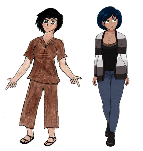 A comparison between one of the oldest drawings I still have of my OC Aya and my latest full-body drawing of her.

Left: a low quality pencil drawing, copied on a Xerox and colored in colored pencil. Aya's making finger guns for some reason and wearing an awkward all-brown outfit and some kind of sandals?

Right: A modern digital version of the character, with much improved art and fashion sense. She wears a gray-striped cardigan over a black lace top, an infinity symbol necklace, blue jeans and closed-toe shoes. She looks thoughtfully off to her left as she walks toward the camera.