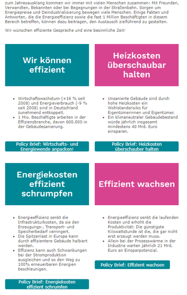 Screenshot des Sondernewsletters der DENEFF zum Jahreswechsel mit hervorgehobenen Vorteilen in türkis und magenta und Links zu policy briefs.