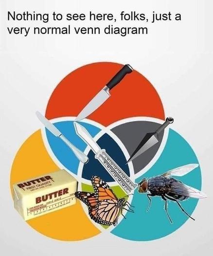 Caption reads: "Nothing to see here, folks, just a very normal venn diagram."

Depicted:
A venn diagram. At the three extremes are:
1. A kitchen knife
2. A stick of butter
3. A fly (insect)

In the sections combining:
1 & 2 a butter knife
2 & 3 a butterfly
1 & 3 a kunai (i.e. a Japanese weapon, popularly thought of as a thrown weapon, here being construed as a flying knife)

In the central section is where all fields combine is a balisong, also called a butterfly knife.