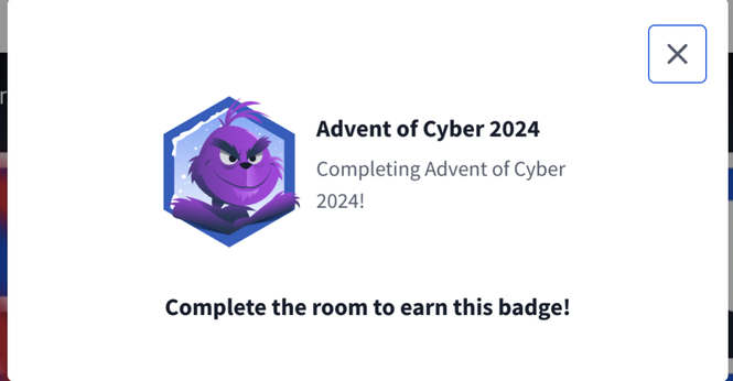 Badge of completion for Advent of Cyber 2024 from TryHackMe