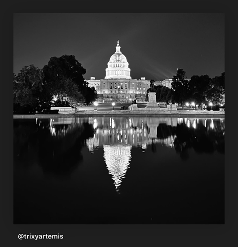 A black and white photograph of the Capitol building, showcasing its majestic dome and classical architecture. The image captures the Capitol building and its striking reflection in the calm water of a pond, creating a mirror image effect that adds to the photo's timeless and serene quality.