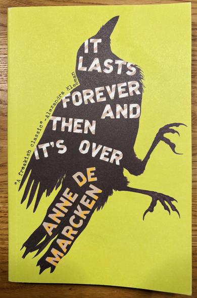 Paperback cover. Black silhouette of crow filled with book title and author name set in a geometric san serif centered on a yellow field.