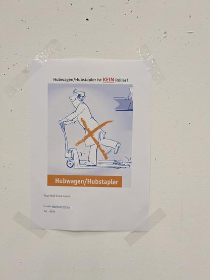 Sign in German, one should not ride the pallet mover.