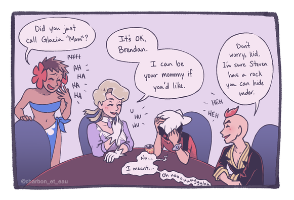 The third panel of the comic. Brendan hangs his head and pulls his hat over his face in shame as the nearby Elite 4 members laugh at him. Phoebe says, "Did you just call Glacia "Mom"? Glacia teases, "It's OK, Brendan. I can be your mommy if you'd like." Sidney jokes, "Don't worry, kid. I'm sure Steven has a rock you can hide under." Brendan has a very defeated text bubble that reads, "No... I meant... Oh nooouuuggghh"