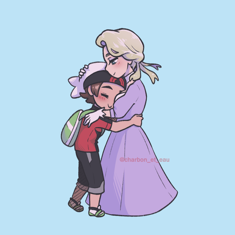 Chibi style art of Brendan and Glacia from Pokemon ORAS. They are hugging and Brendan is happily burying his face in Glacia's chest.
