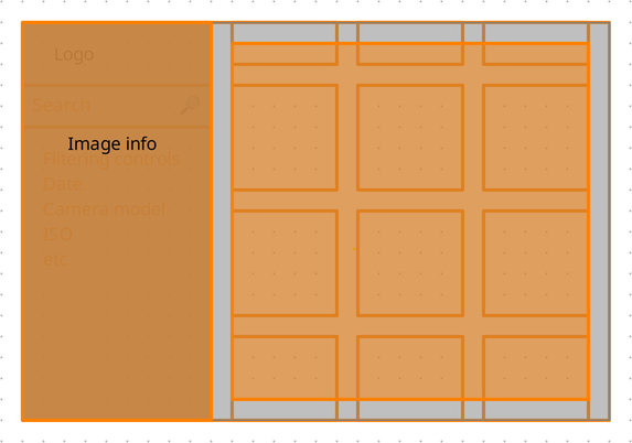 When clicking an image, the screen will dim & a big preview will show. Image on the left, sidebar on the right w/image info, like format, size, meta+exif info, etc.