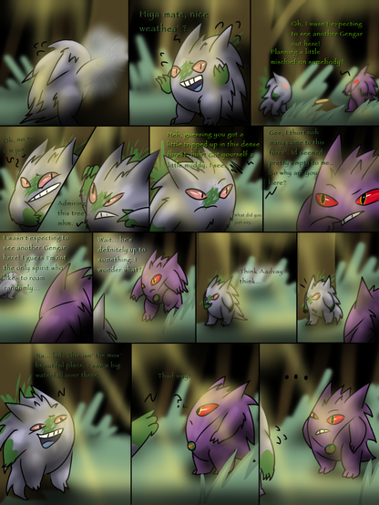 Aadvay is a shiny Gengar with a smudge of paint on his face; and who speaks in a high-pitched Australian accent. Jinji is curious what another Gengar is doing in the forest, and strikes up a conversation with him, but Aadvay seems reluctant to show off what he's been up to... read the full comic and additional notes on my website!