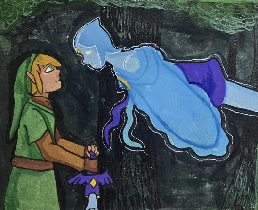 Painting of Link in profile view looking up at Fi, who is floating a bit above him. They're under a darkly colored tree.
