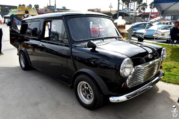 A black Morris Cooper S Van at the 1st annual Venice Classic Car Show in Venice Beach, California.
