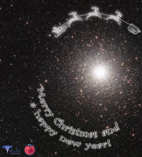 A globular cluster seen by the ESA Euclid space telescope, ringed by a sleigh being pulled by reindeer and Euclid, and by the words "Merry Christmas and a happy new year!"