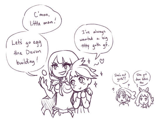 Silly chibi style doodle of Wally and Zinnia from Pokemon ORAS. Zinnia has her arm around Wally and is tossing an egg up and down with her other hand as she says, "C'mon, little man! Let's go egg the Devon building!" Wally is innocently looking up at her like a lovesick puppy as he says, "I've always wanted a big titty goth gf."

Brendan and May are in the background looking very confused. Brendan says, "She's not goth??" May responds to that with, "She got dem titties tho."