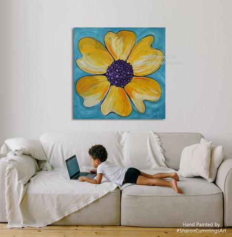 Yellow flower with purple center on aqua blue by artist Sharon Cummings.