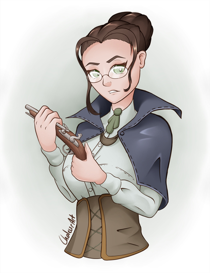 Digital portrait of a woman holding an old pistol. She has round glasses, green eyes and brown hair tied in a bun. She is wearing a pale green buttoned shirt, a brown waist corset and a short dark cloak on her shoulders.