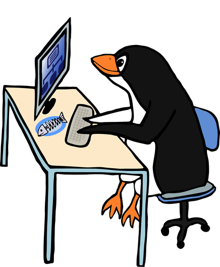 A cartoon penguin sitting at a desk, using a computer. The penguin is seated on a blue chair with wheels, facing a beige desk. It is using a gray keyboard with one flipper while looking at a monitor with a blue screen displaying chat bubbles, suggesting online communication or social media. On the desk, next to the keyboard, there is a plate with a fish skeleton. The setting is minimalist with a plain dark background, putting emphasis on the penguin and its activities.