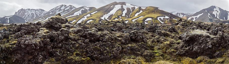 Mountains in several shades of green and brown partly covered in snow. In front, solidified lava in shades of gray and black, covered with all kinds of moss.